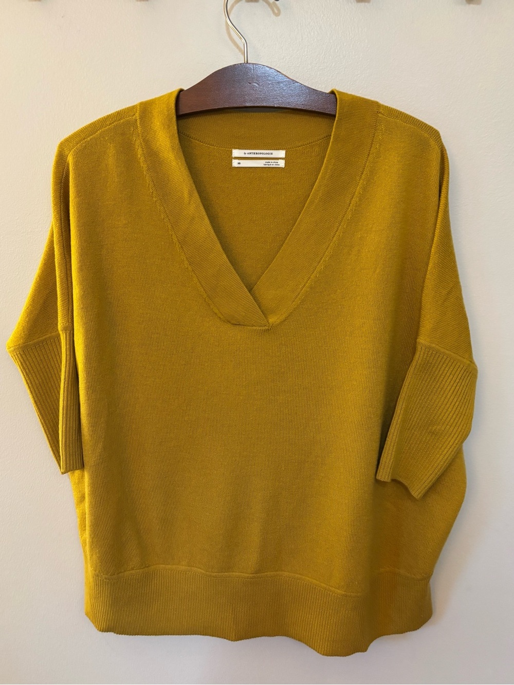 Anthropologie Chartreuse Mustard Yellow V Neck Short Sleeve Sweater Top XS
